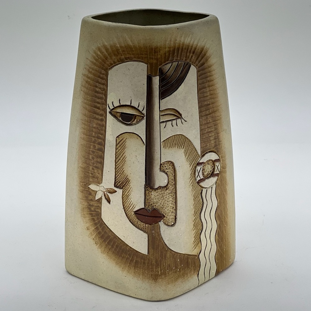 Vintage MCM Vase Two Sided Split Face Tribal Women  Boats Fish Picasso Style